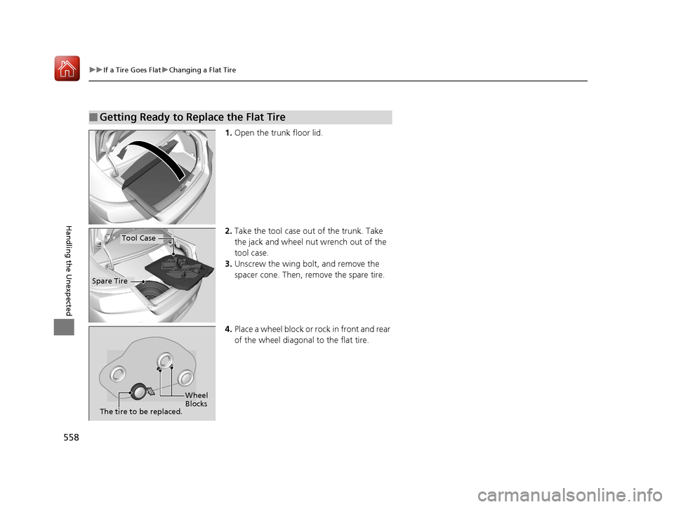 HONDA ACCORD COUPE 2017 9.G Owners Manual 558
uuIf a Tire Goes Flat uChanging a Flat Tire
Handling the Unexpected
1. Open the trunk floor lid.
2. Take the tool case out of the trunk. Take 
the jack and wheel nut wrench out of the 
tool case.
