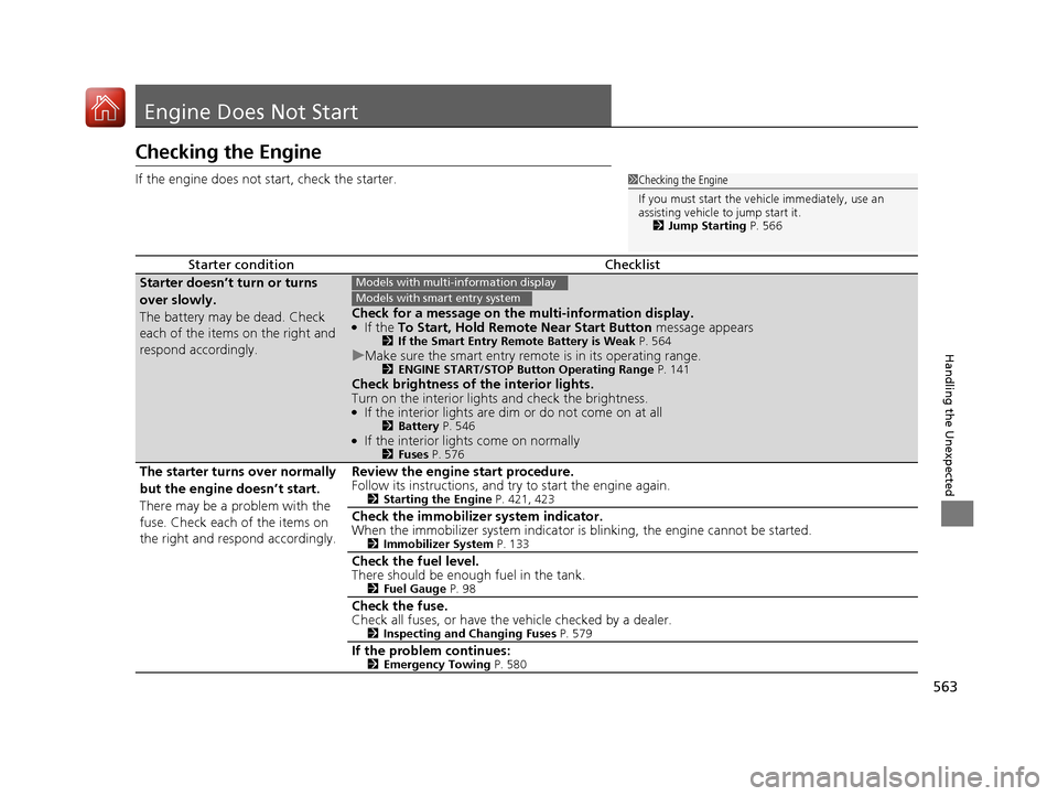HONDA ACCORD COUPE 2017 9.G Owners Manual 563
Handling the Unexpected
Engine Does Not Start
Checking the Engine
If the engine does not start, check the starter.
Starter conditionChecklist
Starter doesn’t turn or turns
over slowly.
The batt HONDA ACCORD COUPE 2017 9.G Owners Manual 563
Handling the Unexpected
Engine Does Not Start
Checking the Engine
If the engine does not start, check the starter.
Starter conditionChecklist
Starter doesn’t turn or turns
over slowly.
The batt