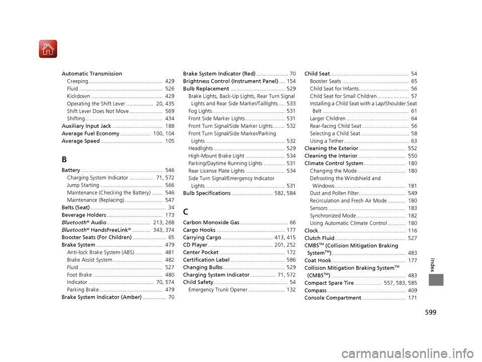 HONDA ACCORD COUPE 2017 9.G Owners Manual 599
Index
Automatic TransmissionCreeping.................................................  429
Fluid .......................................................  526
Kickdown .............................
