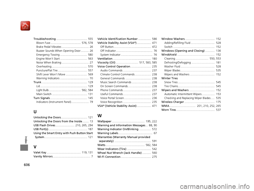 HONDA ACCORD COUPE 2017 9.G Owners Manual 606
Index
Troubleshooting....................................... 555
Blown Fuse ......................................  576, 578
Brake Pedal Vibrates ..................................  26
Buzzer Soun