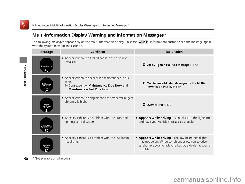 HONDA ACCORD COUPE 2017 9.G Owners Manual 90
uuIndicators uMulti-Information Display Warn ing and Information Messages*
Instrument Panel
Multi-Information Display Warn ing and Information Messages*
The following messages appear only on the mu