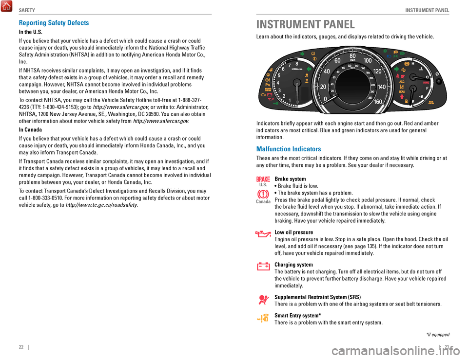 HONDA ACCORD COUPE 2017 9.G Quick Guide 22    ||    23
       I
NSTRUMENT PANELSAFETY
INSTRUMENT PANELReporting Safety Defects
In the U.S.
If you believe that your vehicle has a defect which could cause a crash \
or could 
cause injury or d