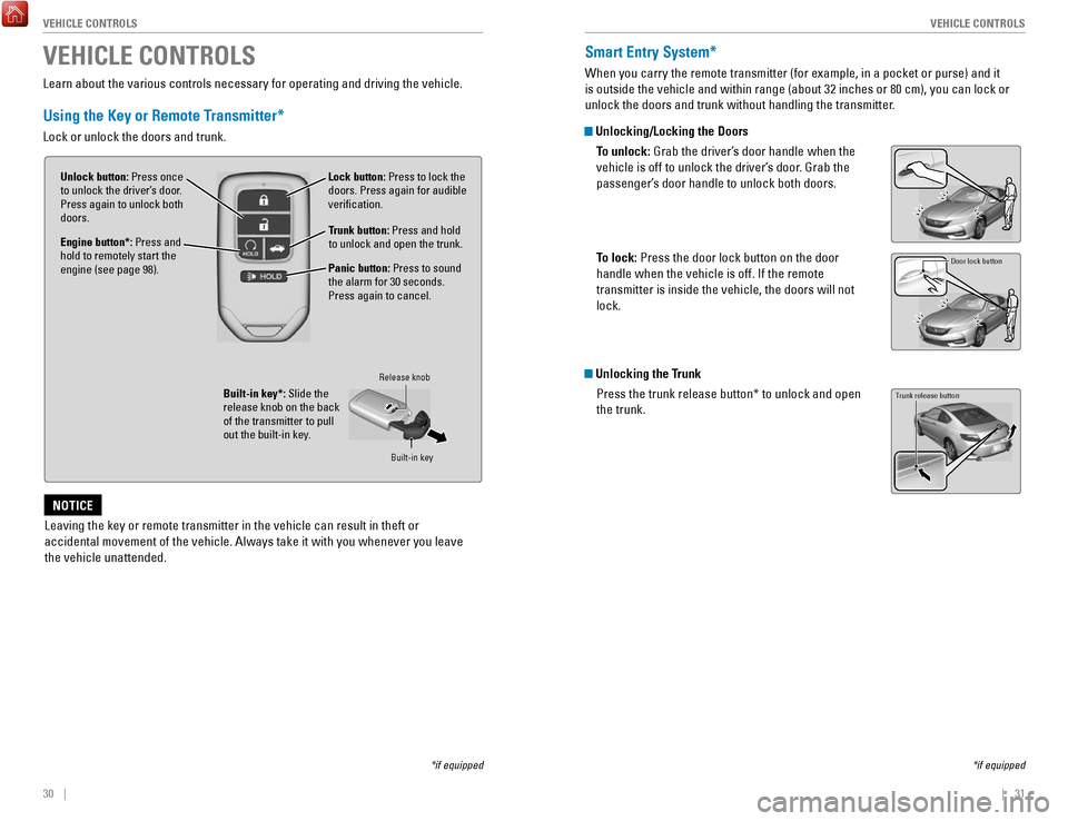 HONDA ACCORD COUPE 2017 9.G Quick Guide 30    ||    31
       V
EHICLE CONTROLSVEHICLE CONTROLS
VEHICLE CONTROLS
*if equipped
Learn about the various controls necessary for operating and driving the\
 vehicle.
Using the Key or Remote Transm