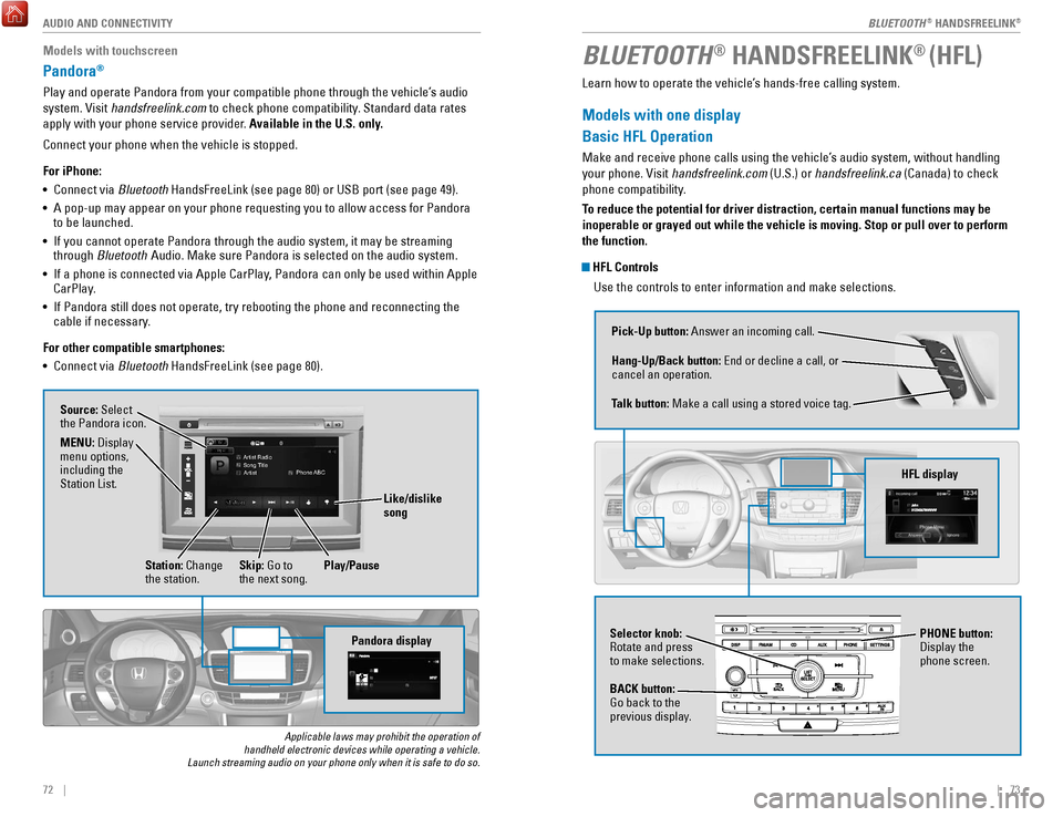 HONDA ACCORD COUPE 2017 9.G Quick Guide |    7372    | AUDIO AND CONNECTIVITY
Models with touchscreen
Pandora® 
Play and operate Pandora from your compatible phone through the vehicle’\
s audio 
system. 
visit 
handsfreelink.com to check