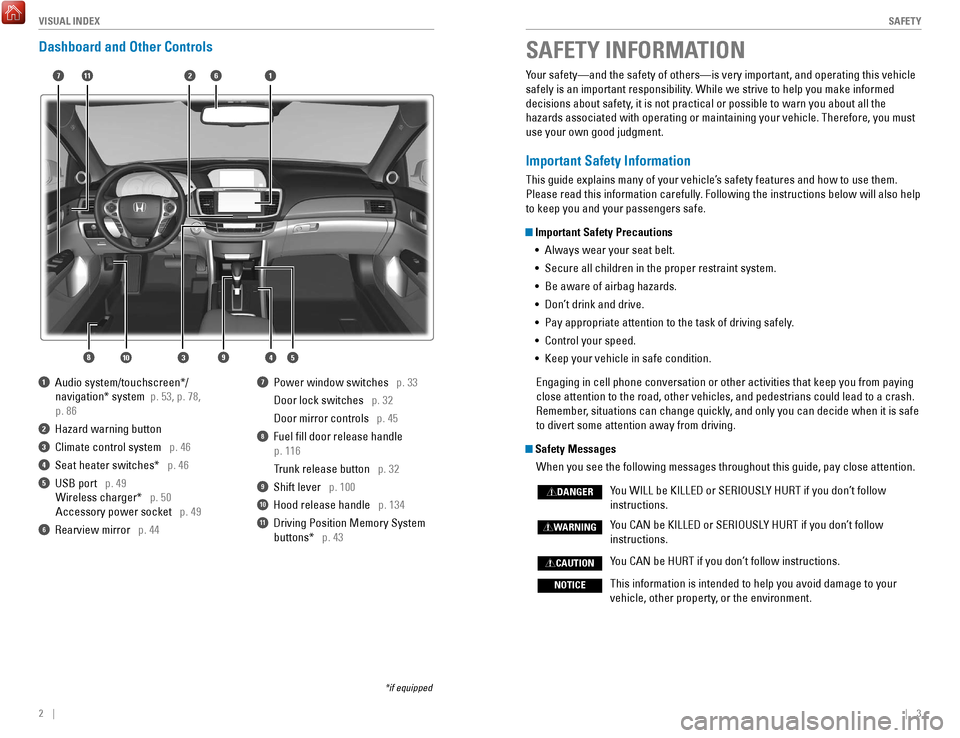 HONDA ACCORD COUPE 2017 9.G Quick Guide 2    ||    3
       S
AFETYVISUAL INDEX
Dashboard and Other Controls
1  Audio system/touchscreen*/   
 
navigation* system  p. 53, p. 78, 
 p. 86
2  Hazard warning button
3  Climate control system   p