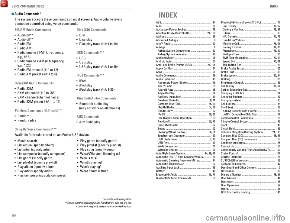 HONDA ACCORD COUPE 2017 9.G Quick Guide 156    ||    157
       INDEX
VOICE COMMAND INDEX
 Audio Commands*
The system accepts these commands on most screens. Audio volume levels 
cannot be controlled using voice commands. 
FM/AM Radio Comma