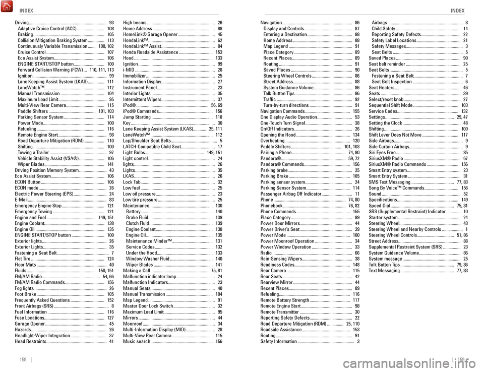 HONDA ACCORD COUPE 2017 9.G Quick Guide 158    ||    159
       INDEX
INDEX
Driving .......................................................................   93
Adaptive Cruise Control (ACC) .........................   108
Braking .........