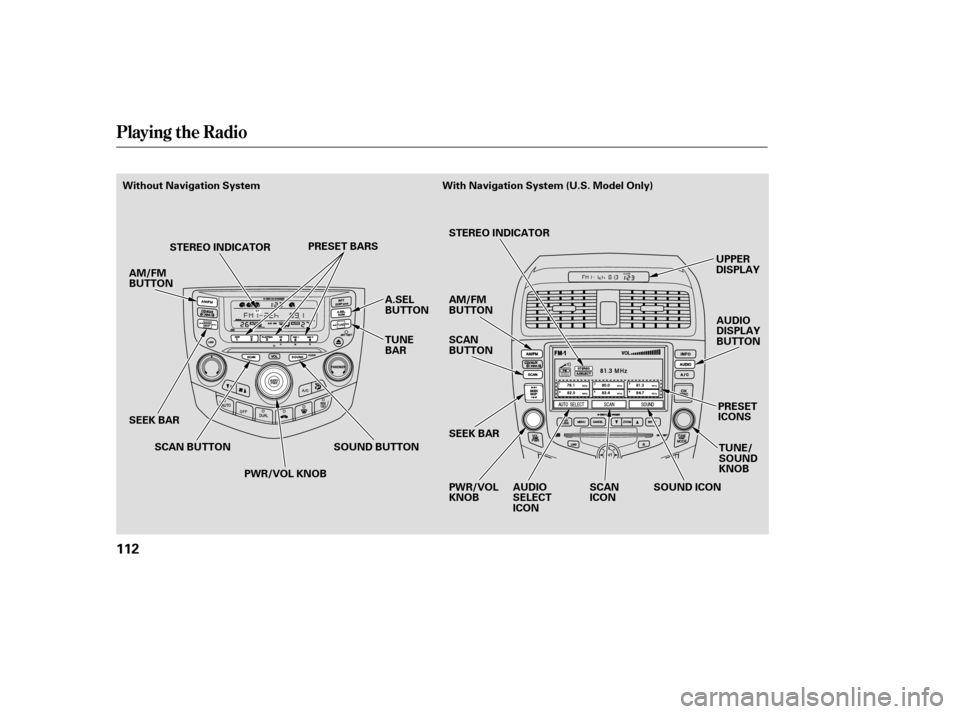 HONDA ACCORD HYBRID 2005 CL7 / 7.G Owners Manual Playing the Radio
112
STEREO INDICATOR
SEEK BAR PRESET BARS
PWR/VOL KNOB SEEK BAR SCAN
BUTTON
PWR/VOL
KNOB UPPER
DISPLAY
PRESET
ICONS
AUDIO
DISPLAY
BUTTON
TUNE/
SOUND
KNOB
SCAN BUTTON TUNE
BAR A.SEL
B