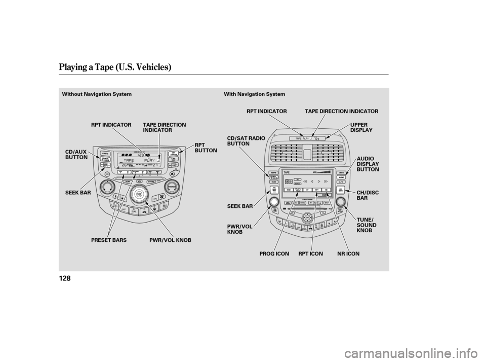 HONDA ACCORD HYBRID 2005 CL7 / 7.G Owners Manual Playing a T ape (U.S. Vehicles)
128
PWR/VOL KNOBUPPER
DISPLAY
AUDIO
DISPLAY
BUTTON
SEEK BAR
CD/AUX
BUTTON
SEEK BAR RPT INDICATOR TAPE DIRECTION
INDICATOR
RPT
BUTTONCD/SAT RADIO
BUTTON
PWR/VOL
KNOBRPT 