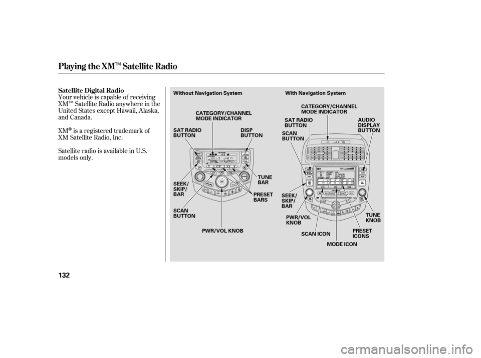 HONDA ACCORD HYBRID 2005 CL7 / 7.G Owners Manual Your vehicle is capable of receiving
XM Satellite Radio anywhere in the
United States except Hawaii, Alaska,
and Canada.
XM
is a registered trademark of
XM Satellite Radio, Inc.
Satellite radio is ava