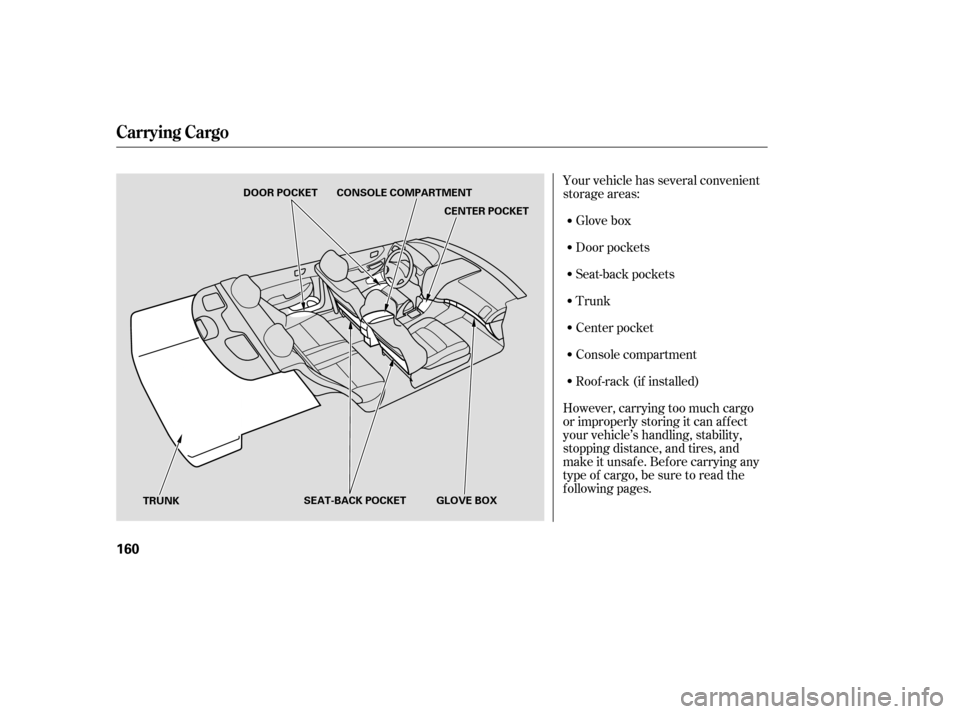 HONDA ACCORD HYBRID 2005 CL7 / 7.G Owners Manual Your vehicle has several convenient
storage areas:Glove box
Roof -rack (if installed) Console compartment
Center pocket
Trunk Door pockets
Seat-back pockets
However, carrying too much cargo
or imprope