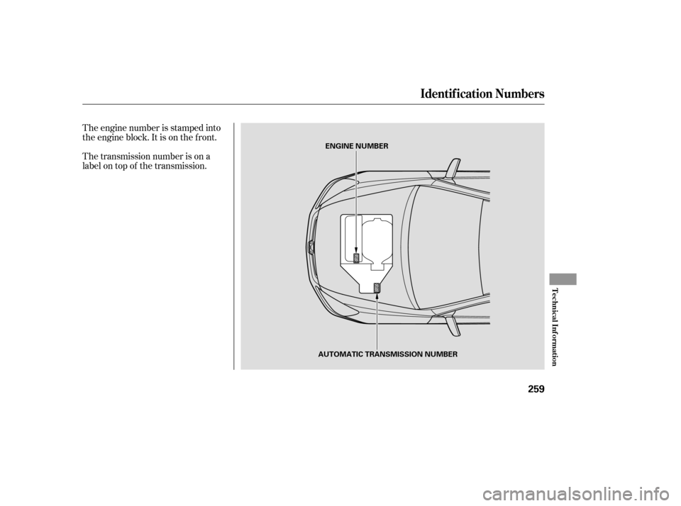 HONDA ACCORD HYBRID 2005 CL7 / 7.G Owners Manual The engine number is stamped into
the engine block. It is on the f ront.
The transmission number is on a
label on top of the transmission.
Identif ication Numbers
T echnical Inf ormation
259
AUTOMATIC