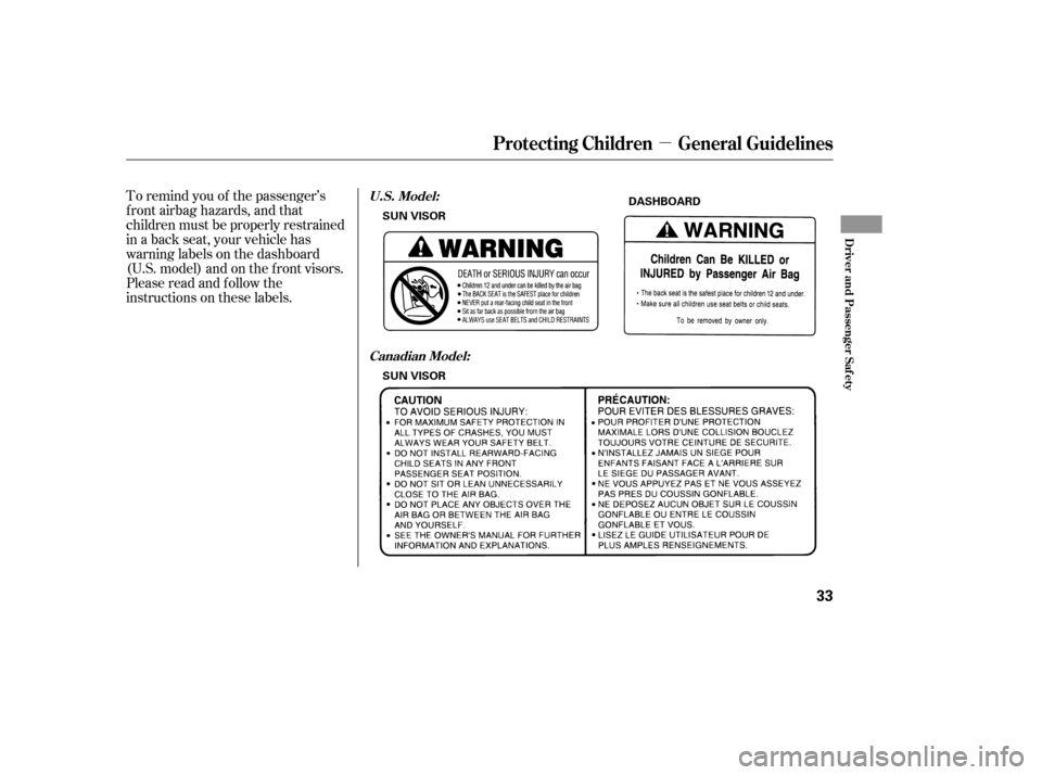 HONDA ACCORD HYBRID 2005 CL7 / 7.G Owners Guide µ
To remind you of the passenger’s
f ront airbag hazards, and that
children must be properly restrained
in a back seat, your vehicle has
warninglabelsonthedashboard
(U.S. model) and on the f ront 