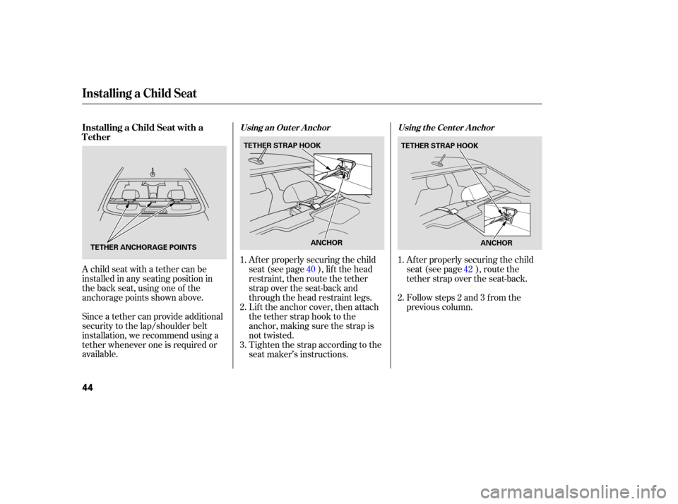 HONDA ACCORD HYBRID 2005 CL7 / 7.G Service Manual A child seat with a tether can be
installed in any seating position in
the back seat, using one of the
anchorage points shown above.
Since a tether can provide additional
security to the lap/shoulder 