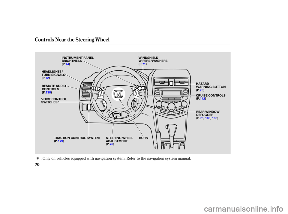 HONDA ACCORD HYBRID 2005 CL7 / 7.G Manual PDF Î
ÎOnly on vehicles equipped with navigation system. Ref er to the navigation system manual.
:
Controls Near the Steering Wheel
70
WINDSHIELD
WIPERS/WASHERS
INSTRUMENT PANEL
BRIGHTNESS
VOICE CONTR