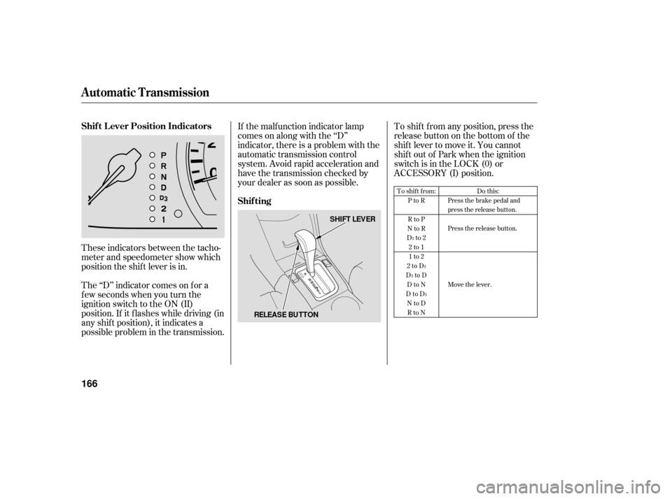 HONDA ACCORD HYBRID 2006 CL7 / 7.G Owners Manual These indicators between the tacho-
meter and speedometer show which
position the shif t lever is in.
The ‘‘D’’ indicator comes on f or a
f ew seconds when you turn the
ignition switch to the 