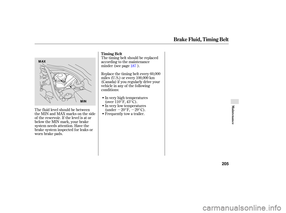 HONDA ACCORD HYBRID 2006 CL7 / 7.G Owners Manual µµ
The f luid level should be between
theMINandMAXmarksontheside
of the reservoir. If the level is at or
below the MIN mark, your brake
system needs attention. Have the
brake system inspected f or