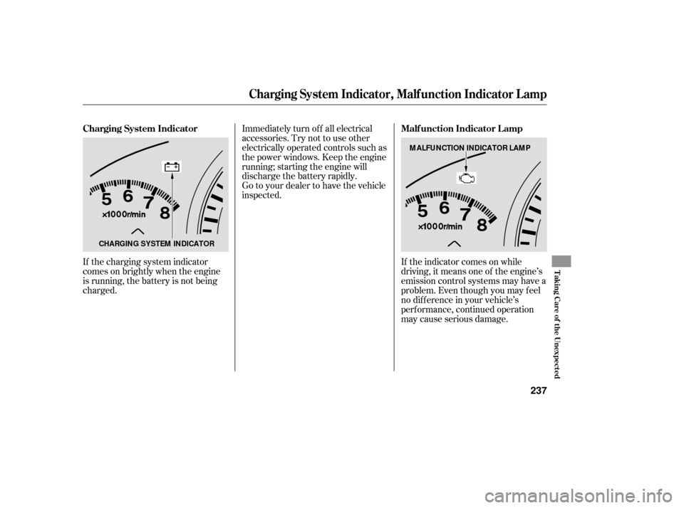 HONDA ACCORD HYBRID 2006 CL7 / 7.G Repair Manual If the charging system indicator
comes on brightly when the engine
is running, the battery is not being
charged.If the indicator comes on while
driving, it means one of the engine’s
emission control