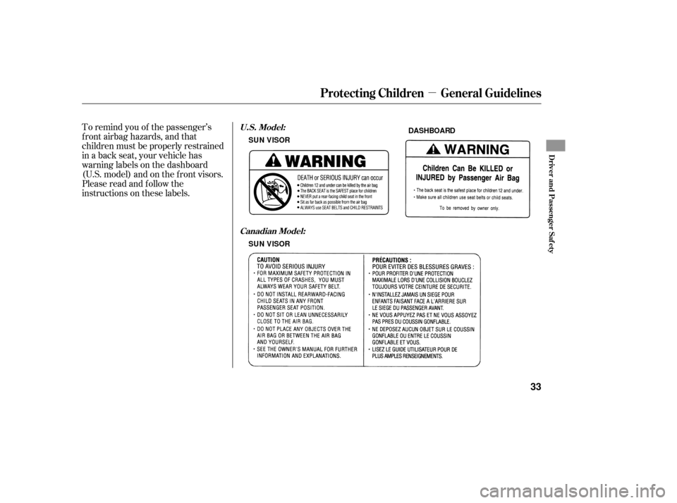 HONDA ACCORD HYBRID 2006 CL7 / 7.G Owners Manual µ
To remind you of the passenger’s
f ront airbag hazards, and that
children must be properly restrained
in a back seat, your vehicle has
warninglabelsonthedashboard
(U.S. model) and on the f ront 