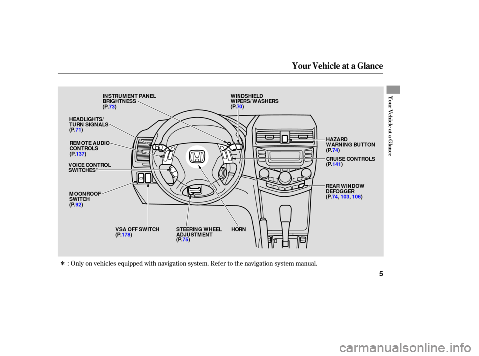 HONDA ACCORD HYBRID 2006 CL7 / 7.G Owners Manual Î
Î Only  on vehicles  equipped  with navigation  system. Refer to the  navigation  system manual.
:
Your  Vehicle  at a Glance
You r Vehicle at a Glance
5
WINDSHIELD
WIPERS/WASHERS
INSTRUMENT 
PA