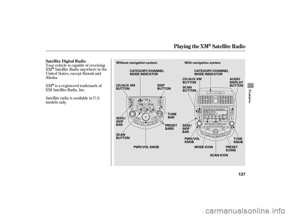 HONDA ACCORD HYBRID 2007 CL7 / 7.G Owners Manual XMis a registered trademark of
XM Satellite Radio, Inc.
Satellite radio is available in U.S.
models only. Your vehicle is capable of receiving
XM
Satellite Radio anywhere in the
United States, except 