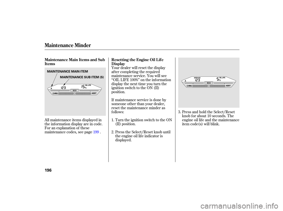 HONDA ACCORD HYBRID 2007 CL7 / 7.G Service Manual Turn the ignition switch to the ON
(II) position.
If maintenance service is done by
someone other than your dealer,
reset the maintenance minder as
f ollows:
Press the Select/Reset knob until
the engi
