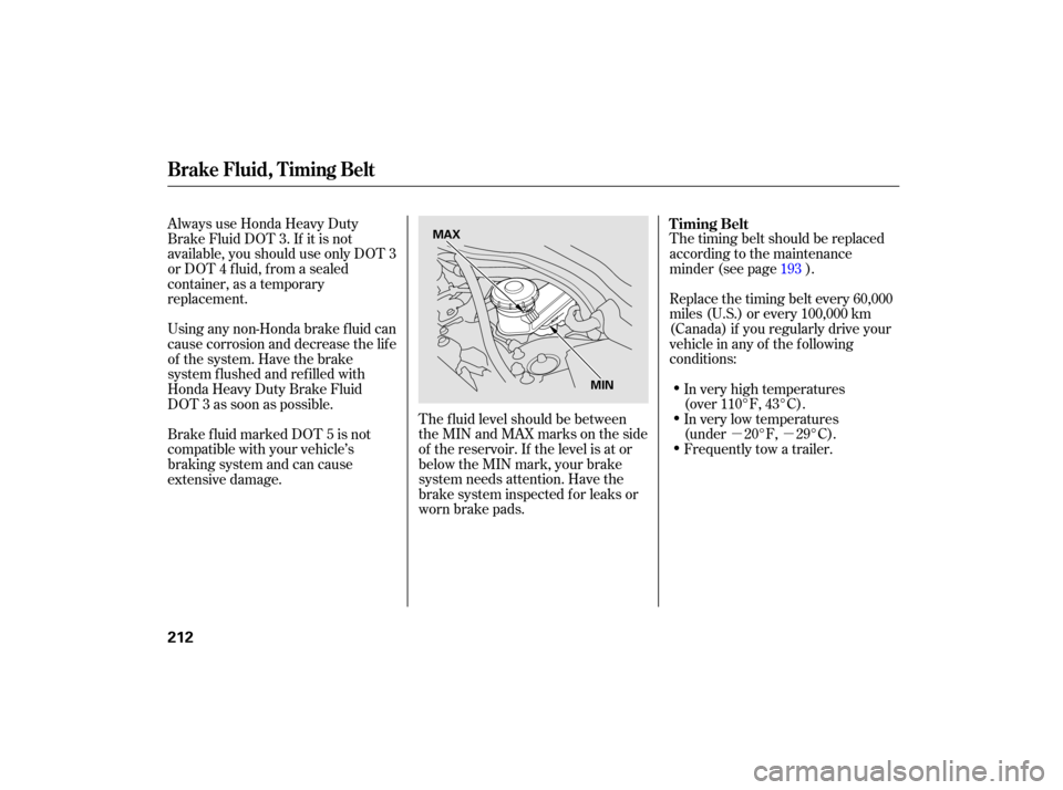 HONDA ACCORD HYBRID 2007 CL7 / 7.G Owners Manual µµ
The timing belt should be replaced
according to the maintenance
minder (see page ).
Replace the timing belt every 60,000
miles (U.S.) or every 100,000 km
(Canada) if you regularly drive your
ve