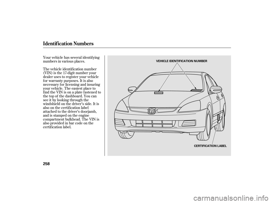 HONDA ACCORD HYBRID 2007 CL7 / 7.G Manual PDF Your vehicle has several identif ying
numbers in various places.
The vehicle identif ication number
(VIN) is the 17-digit number your
dealer uses to register your vehicle
f or warranty purposes. It is