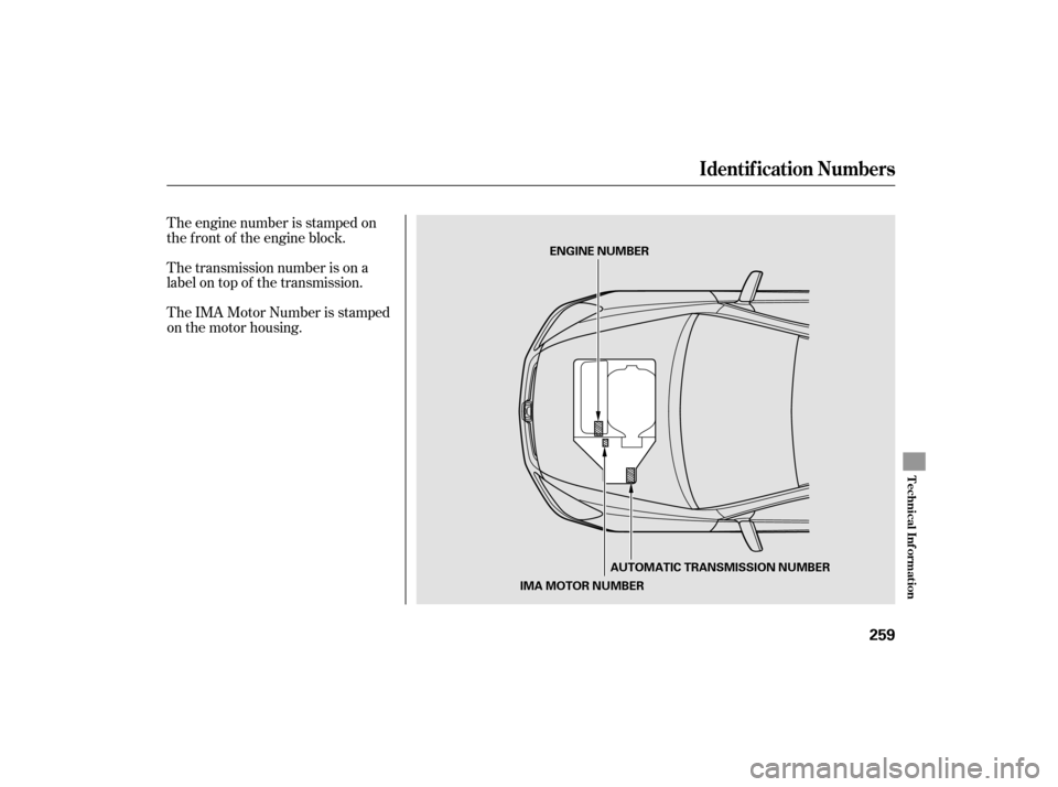 HONDA ACCORD HYBRID 2007 CL7 / 7.G Manual PDF The transmission number is on a
label on top of the transmission. The engine number is stamped on
the f ront of the engine block.
The IMA Motor Number is stamped
on the motor housing.
Identif ication 