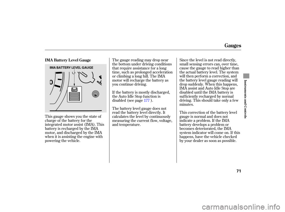 HONDA ACCORD HYBRID 2007 CL7 / 7.G User Guide This gauge shows you the state of
charge of the battery for the
integrated motor assist (IMA). This
battery is recharged by the IMA
motor, and discharged by the IMA
when it is assisting the engine wit