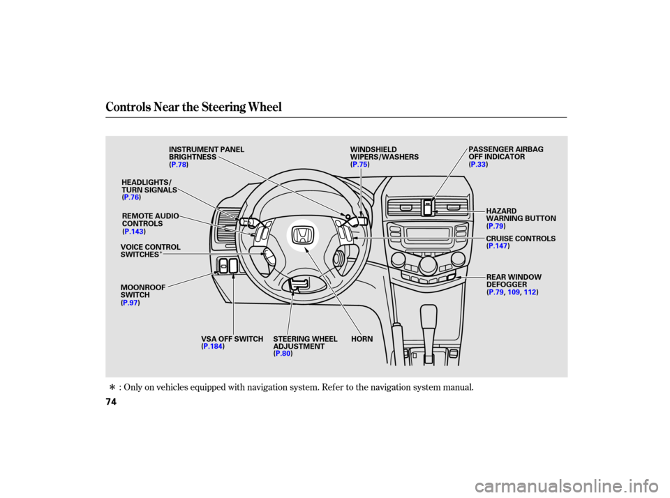 HONDA ACCORD HYBRID 2007 CL7 / 7.G Owners Guide Î
ÎOnly on vehicles equipped with navigation system. Ref er to the navigation system manual.
:
Controls Near the Steering Wheel
74
INSTRUMENT PANEL
BRIGHTNESS
VOICE CONTROL
SWITCHES HEADLIGHTS/
TU