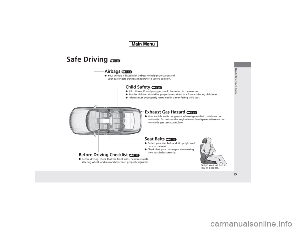 HONDA ACCORD HYBRID 2014 9.G Owners Manual 15
Quick Reference Guide
Safe Driving (P 31)
Airbags (P 43)
● Your vehicle is fitted with airbags to help protect you and  
your passengers during a moderate-to-severe collision.
Child Safety  (P 56