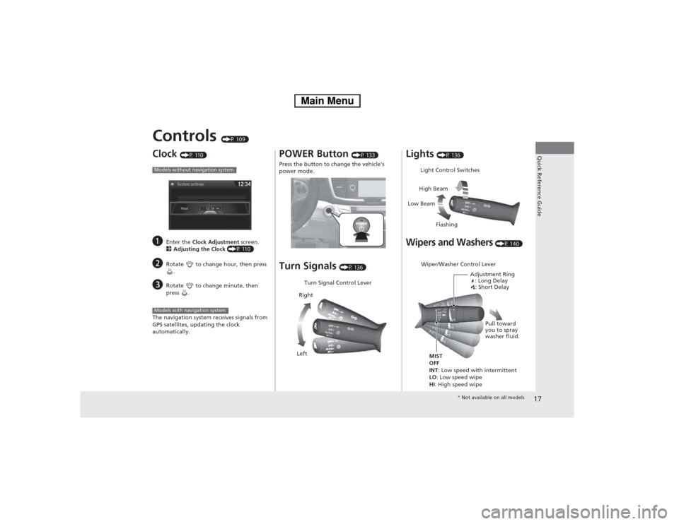 HONDA ACCORD HYBRID 2014 9.G Owners Manual 17
Quick Reference Guide
Controls (P 109)
Clock  (P 110)
a Enter the  Clock Adjustment  screen.
2 Adjusting the Clock  (P 110)
b Rotate   to change hour, then press 
.
c Rotate   to change minute, the