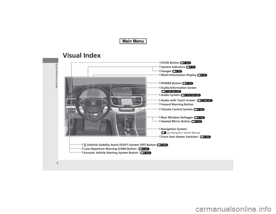 HONDA ACCORD HYBRID 2014 9.G Owners Manual 2
Quick Reference Guide
Quick Reference Guide
Visual Index
❙System Indicators (P 72)
❙Gauges (P 92)
❙Navigation System *
 
()  See Navigation System Manual
❙Audio System  (P 175, 197, 230)
❙