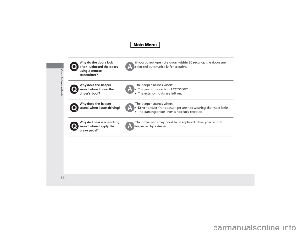 HONDA ACCORD HYBRID 2014 9.G Owners Manual 28
Quick Reference Guide
Why do the doors lock  
after I unlocked the doors 
using a remote  transmitter?If you do not open the doors within 30 seconds, the doors are  
relocked automatically for secu