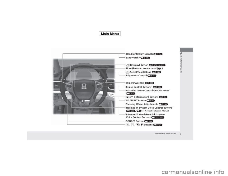 HONDA ACCORD HYBRID 2014 9.G Owners Manual 3
Quick Reference Guide
❙(+ / (- / / Buttons (P 174)
❙SOURCE Button (P 174)
❙Bluetooth® HandsFreeLink ® System
Voice Control Buttons (P 333, 370)
❙Navigation System Voice Control Button HONDA ACCORD HYBRID 2014 9.G Owners Manual 3
Quick Reference Guide
❙(+ / (- / / Buttons (P 174)
❙SOURCE Button (P 174)
❙Bluetooth® HandsFreeLink ® System
Voice Control Buttons (P 333, 370)
❙Navigation System Voice Control Button