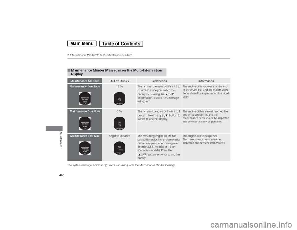 HONDA ACCORD HYBRID 2014 9.G Owners Manual 468
uuMaintenance MinderTMuTo Use Maintenance Minder TM
Maintenance
The system message indicator ( ) comes on along with the Maintenance Minder message.
■Maintenance Minder Messages on the Multi-Inf