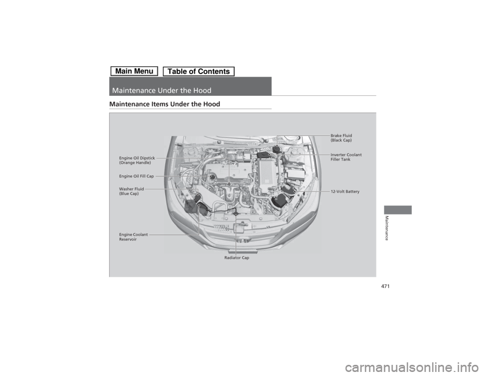 HONDA ACCORD HYBRID 2014 9.G Owners Manual 471
Maintenance
Maintenance Under the Hood
Maintenance Items Under the Hood
Brake Fluid  
(Black Cap)
Engine Coolant 
Reservoir Radiator Cap
Washer Fluid 
(Blue Cap)
Engine Oil Dipstick 
(Orange Handl