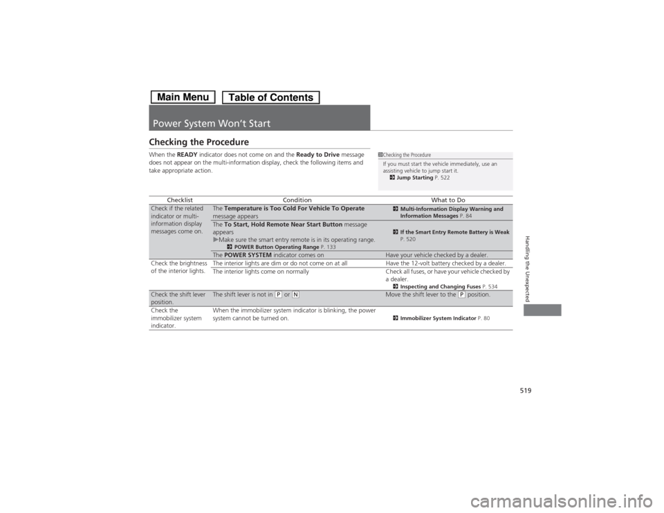 HONDA ACCORD HYBRID 2014 9.G Owners Manual 519
Handling the Unexpected
Power System Won’t Start
Checking the Procedure When the READY indicator does not come on and the  Ready to Drive message 
does not appear on the multi-information displa