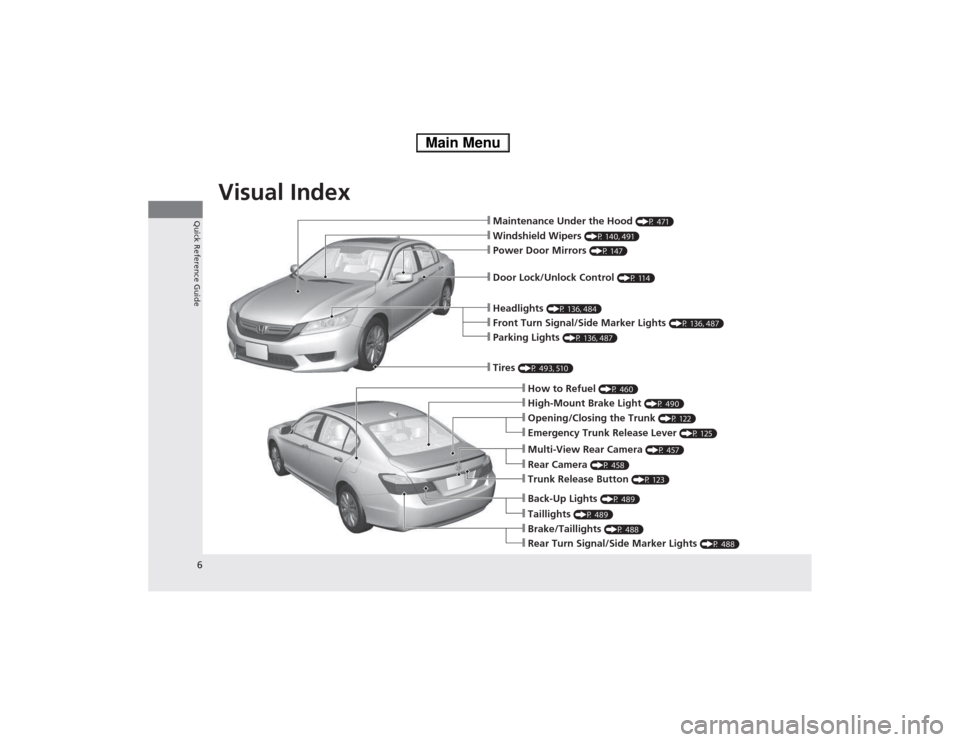 HONDA ACCORD HYBRID 2014 9.G Owners Manual Visual Index
6
Quick Reference Guide❙Maintenance Under the Hood  (P 471)
❙Windshield Wipers (P 140, 491)
❙Tires (P 493, 510)
❙Door Lock/Unlock Control  (P 114)
❙Power Door Mirrors (P 147)
�