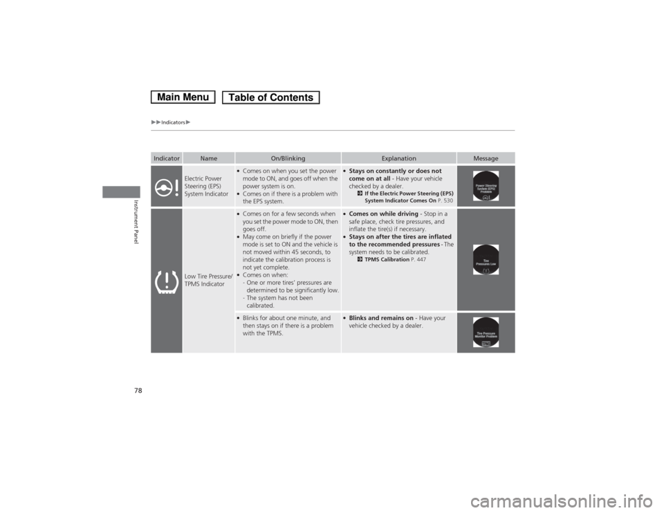 HONDA ACCORD HYBRID 2014 9.G Manual PDF 78
uuIndicatorsu
Instrument Panel
IndicatorNameOn/BlinkingExplanationMessage
Electric Power
Steering (EPS)
System Indicator
●Comes on when you set the power
mode to ON, and goes off when the HONDA ACCORD HYBRID 2014 9.G Manual PDF 78
uuIndicatorsu
Instrument Panel
IndicatorNameOn/BlinkingExplanationMessage
Electric Power
Steering (EPS)
System Indicator
●Comes on when you set the power
mode to ON, and goes off when the