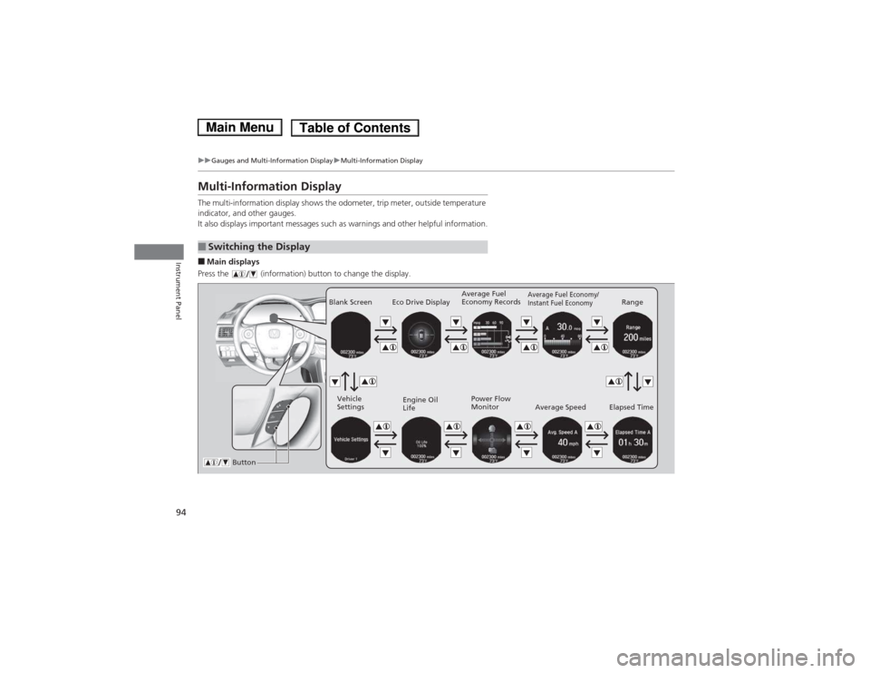HONDA ACCORD HYBRID 2014 9.G Owners Manual 94
uuGauges and Multi-Information DisplayuMulti-Information Display
Instrument Panel
Multi-Information Display 
The multi-information display shows the odometer, trip meter, outside temperature  
indi