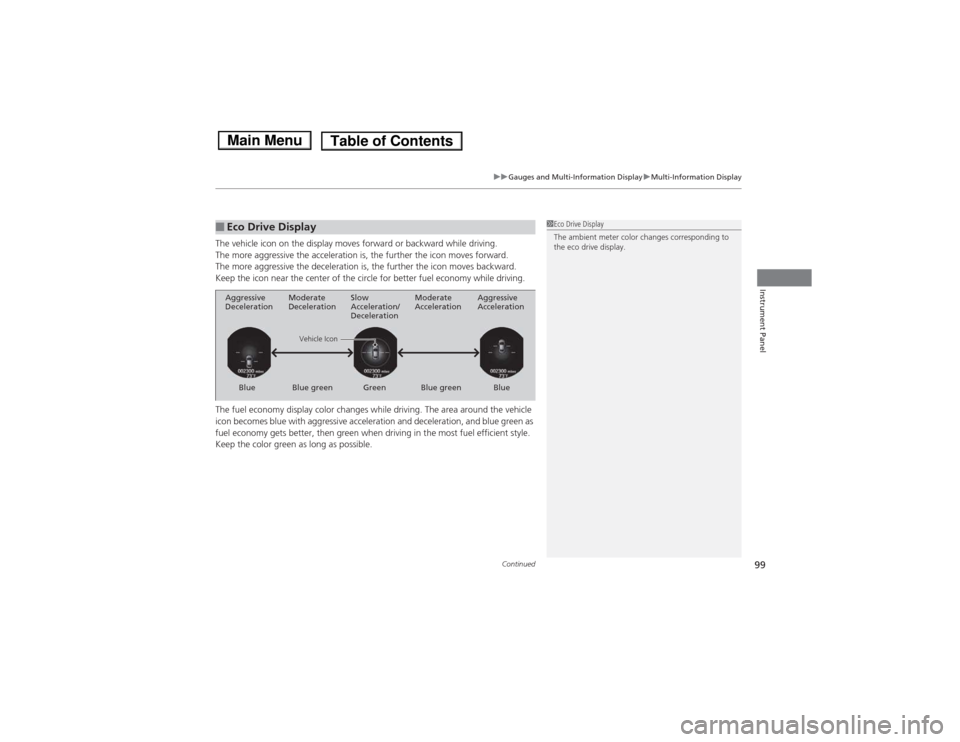 HONDA ACCORD HYBRID 2014 9.G Owners Manual Continued99
uuGauges and Multi-Information DisplayuMulti-Information Display
Instrument Panel
The vehicle icon on the display moves forward or backward while driving. 
The more aggressive the accelera