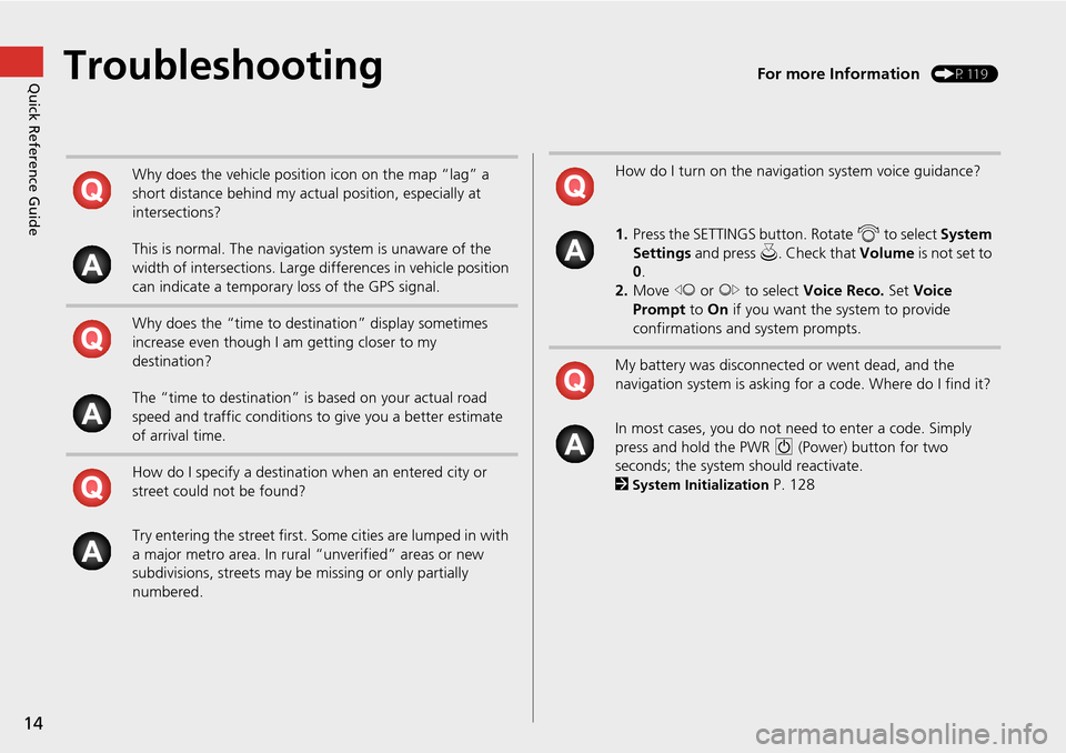 HONDA ACCORD HYBRID 2015 9.G Navigation Manual 14
Quick Reference GuideTroubleshootingFor more Information (P119)
Why does the vehicle position icon on the map “lag” a 
short distance behind my actual position, especially at 
intersections?
Th