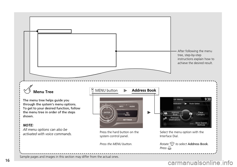 HONDA ACCORD HYBRID 2015 9.G Navigation Manual 16
MENU buttonMenu Tree
The menu tree helps guide you 
through the system’s menu options.
To get to your desired function, follow 
the menu tree in order of the steps 
shown.
NOTE:
All menu options 