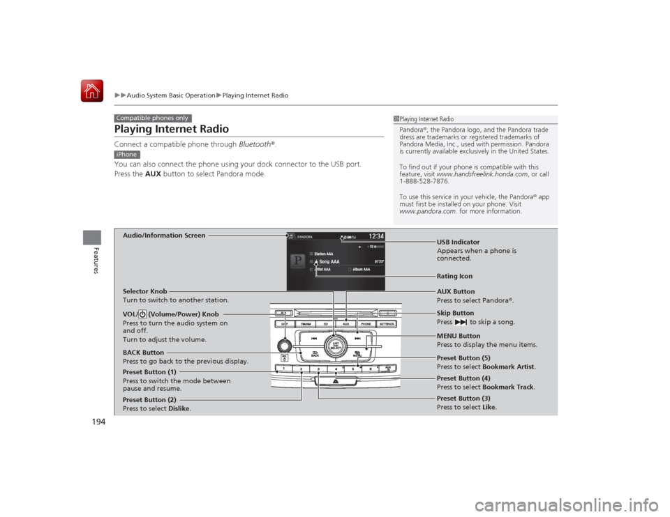 HONDA ACCORD HYBRID 2015 9.G Owners Manual 194
uuAudio System Basic Operation uPlaying Internet Radio
Features
Playing Internet RadioConnect a compatible phone through  Bluetooth®.
You can also connect the phone using your dock connector to t