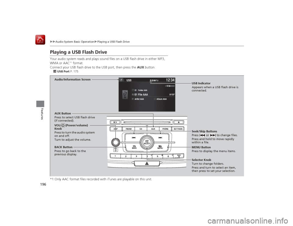 HONDA ACCORD HYBRID 2015 9.G Owners Manual 196
uuAudio System Basic Operation uPlaying a USB Flash Drive
Features
Playing a USB Flash DriveYour audio system reads and plays s ound files on a USB flash drive in either MP3,
WMA or AAC
*1 format HONDA ACCORD HYBRID 2015 9.G Owners Manual 196
uuAudio System Basic Operation uPlaying a USB Flash Drive
Features
Playing a USB Flash DriveYour audio system reads and plays s ound files on a USB flash drive in either MP3,
WMA or AAC
*1 format