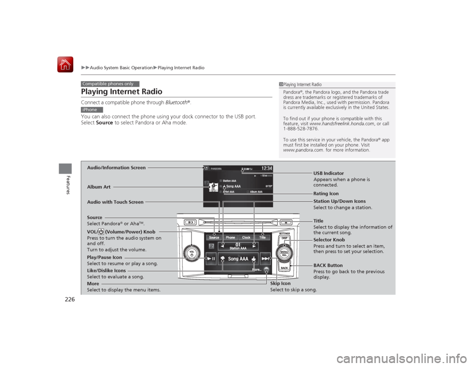 HONDA ACCORD HYBRID 2015 9.G Owners Manual 226
uuAudio System Basic Operation uPlaying Internet Radio
Features
Playing Internet RadioConnect a compatible phone through  Bluetooth®.
You can also connect the phone using your dock connector to t