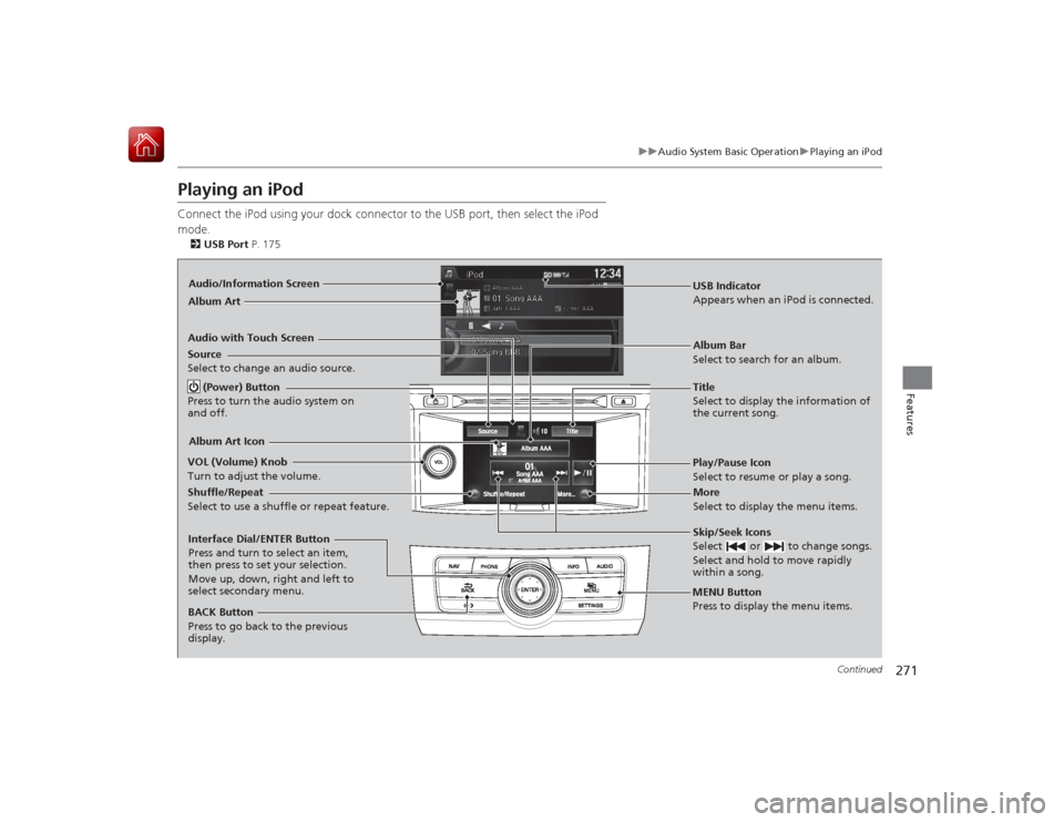 HONDA ACCORD HYBRID 2015 9.G Owners Manual 271
uuAudio System Basic Operation uPlaying an iPod
Continued
Features
Playing an iPodConnect the iPod using your dock connector to the USB port, then select the iPod 
mode.2 USB Port  P. 175Audio/Inf
