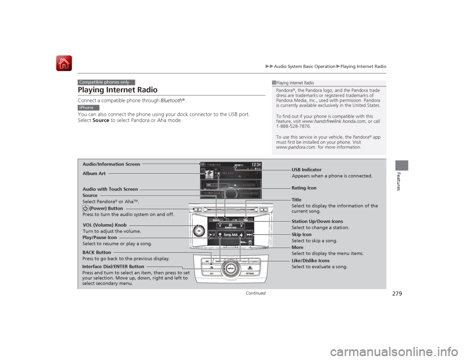 HONDA ACCORD HYBRID 2015 9.G Owners Manual 279
uuAudio System Basic Operation uPlaying Internet Radio
Continued
Features
Playing Internet RadioConnect a compatible phone through  Bluetooth®.
You can also connect the phone using  your dock con